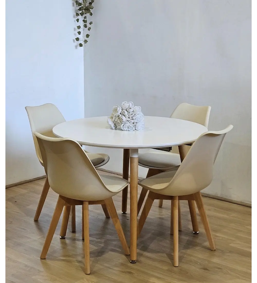 Comedor Mesa Aura Blanca 100cms + 4 Sillas Tulip