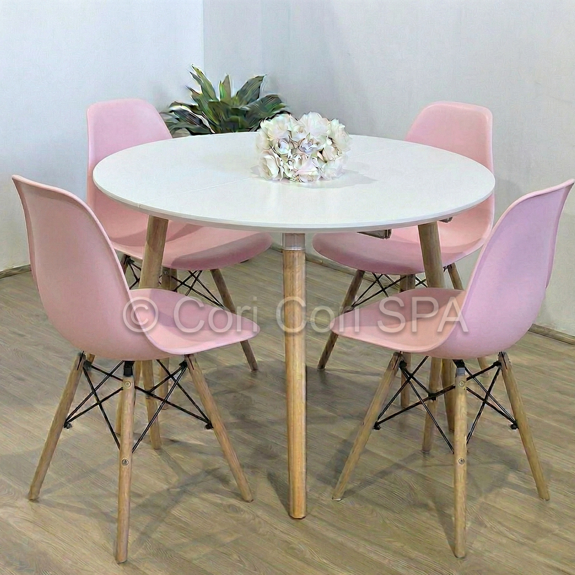 Comedor Mesa Aura Blanca 100cms  + 4 Sillas Eames 5