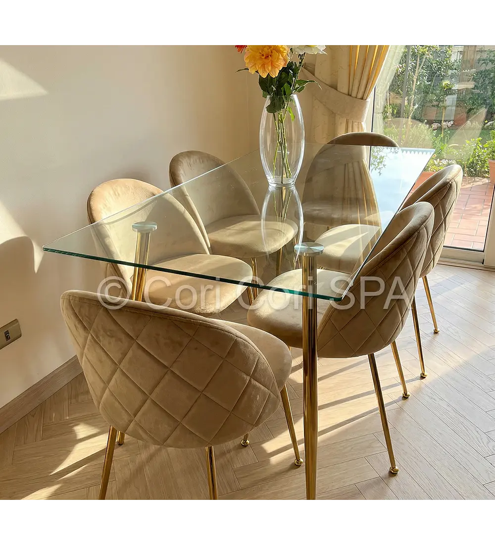 Comedor Rubi Gold 160x80cms  + 6 Sillas Bread Gold Velvet