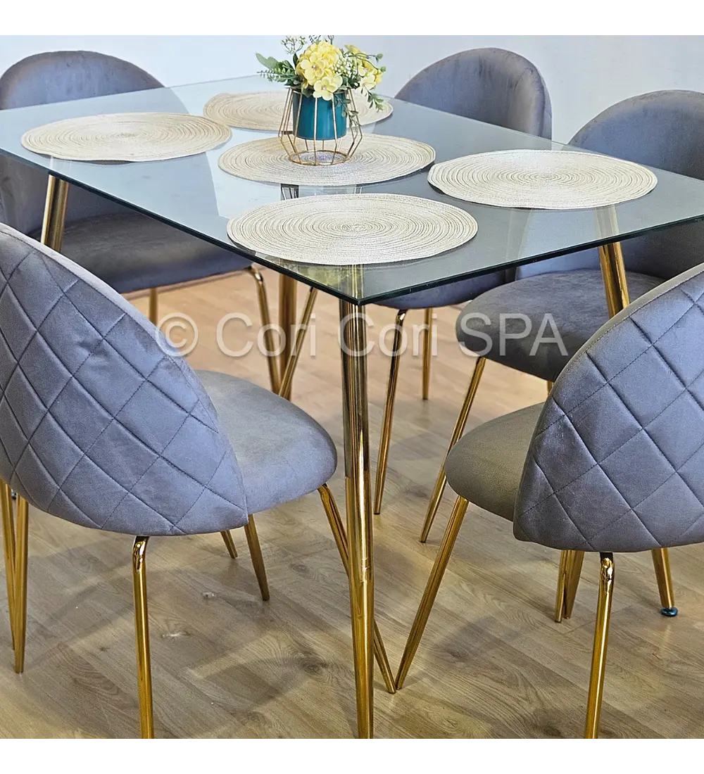 Comedor Rubi Gold 160x80cms  + 6 Sillas Bread Gold Velvet