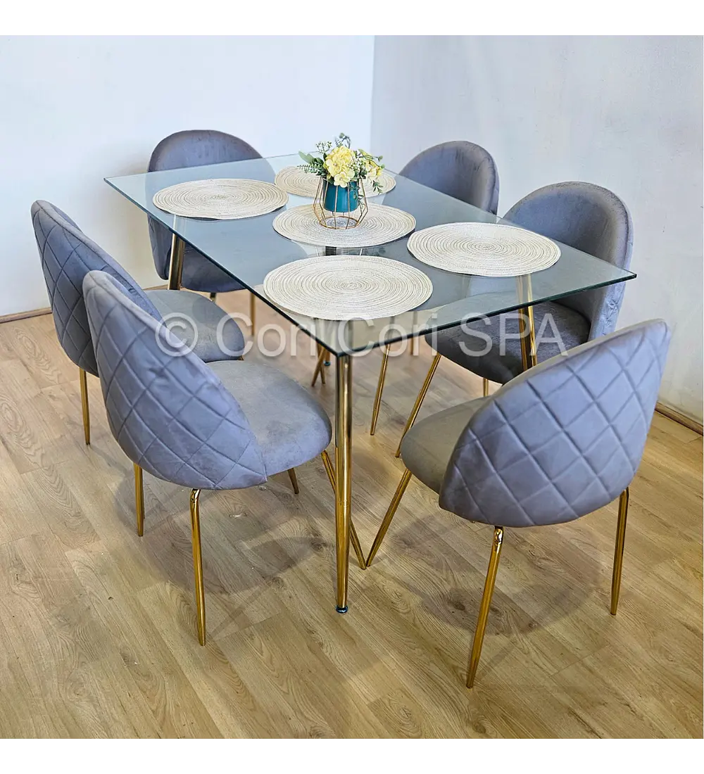Comedor Rubi Gold 160x80cms  + 6 Sillas Bread Gold Velvet