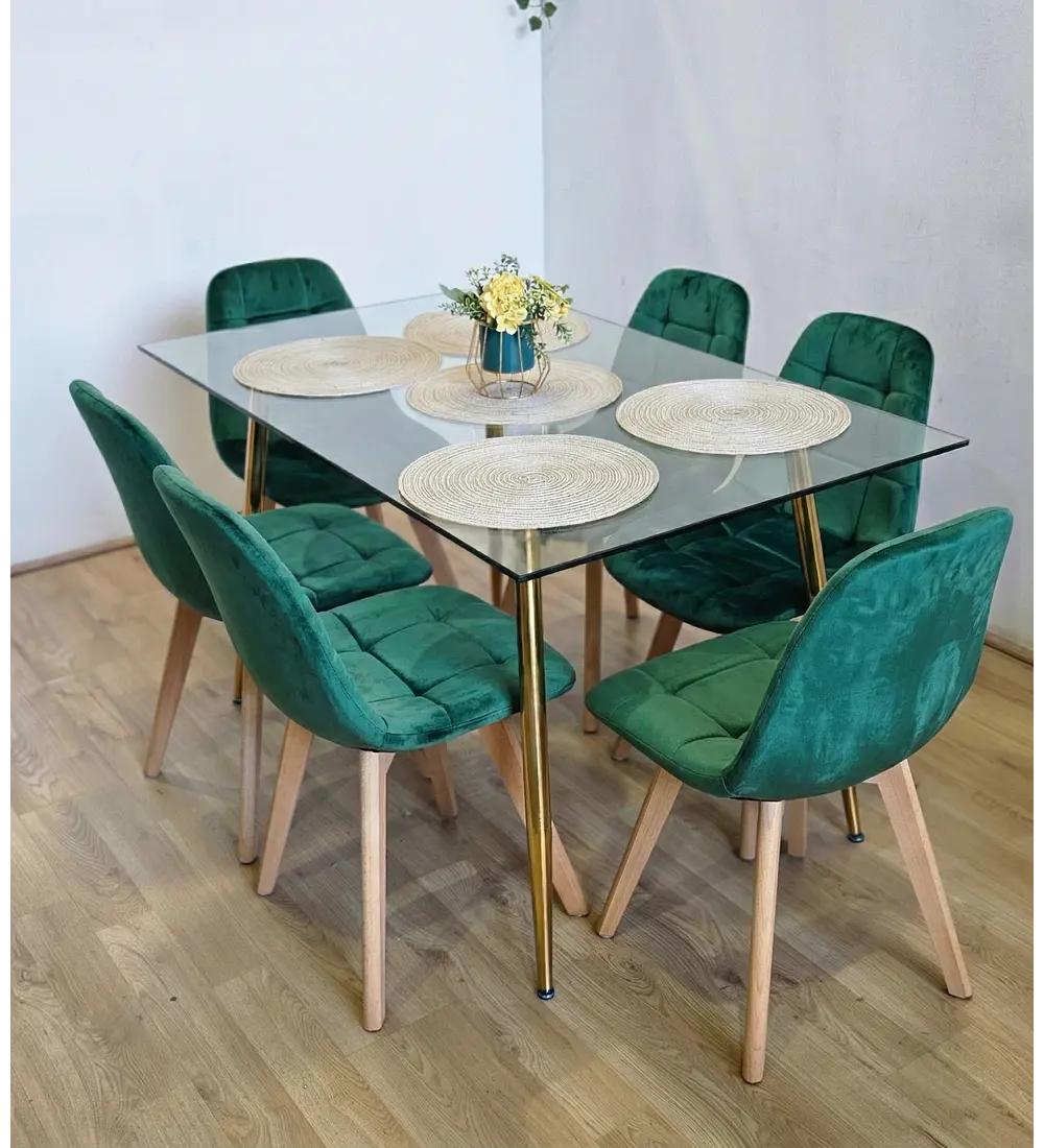Comedor Rubi Gold 130x80cms + 6 Sillas Capitonne Velvet 