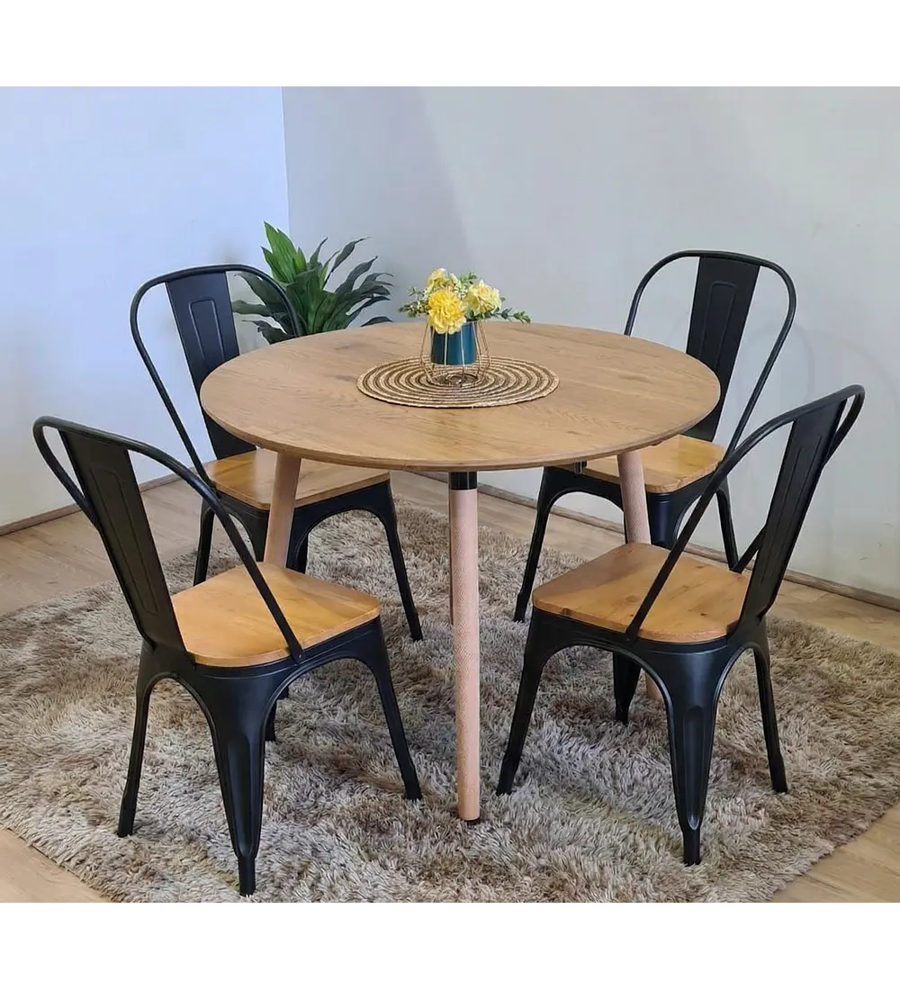 Comedor Mesa Aura Wood 100 cm + Sillas Tolix con Asiento de Madera