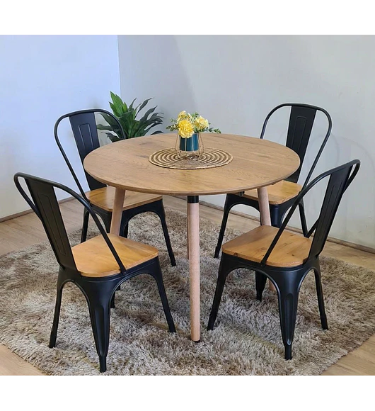 Comedor Mesa Aura Wood 100 cm + Sillas Tolix con Asiento de Madera