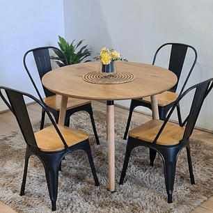 Comedor Mesa Aura Wood 100 cm + Sillas Tolix con Asiento de Madera