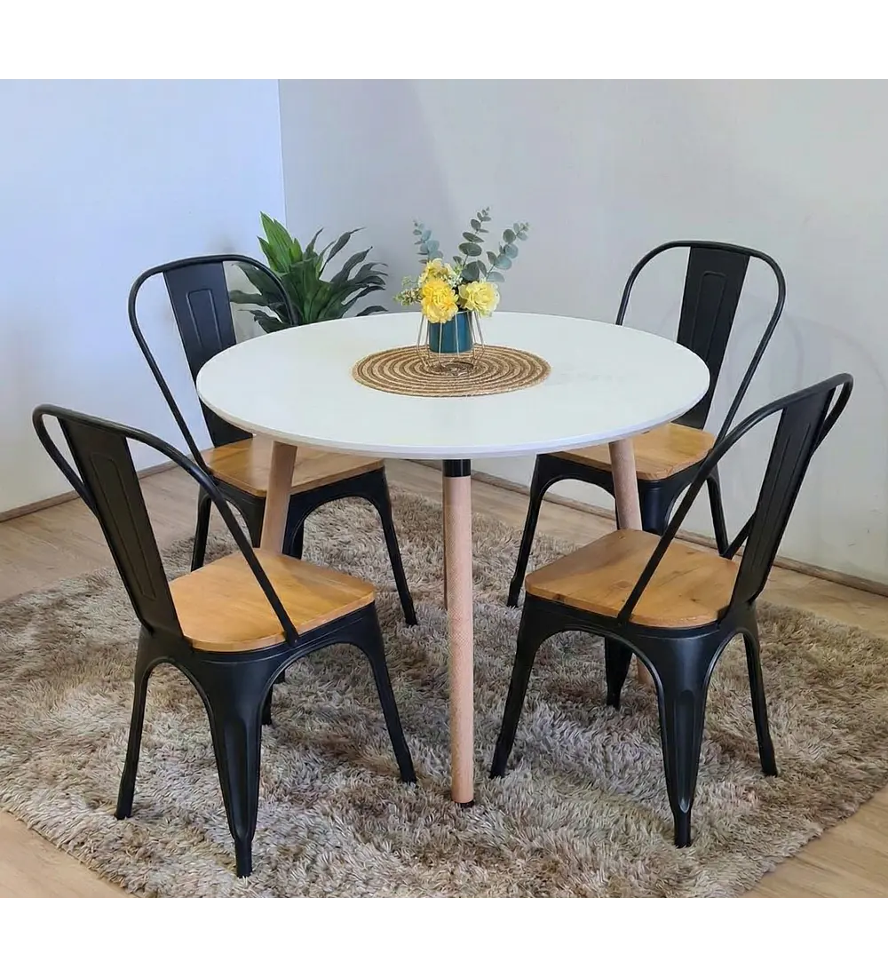 Comedor Mesa Aura Blanca 100 cm + Sillas Tolix con Asiento de Madera