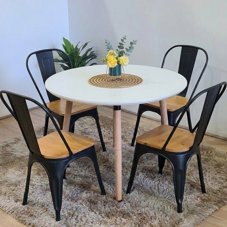 Comedor Mesa Aura Blanca 100 cm + Sillas Tolix con Asiento de Madera 3