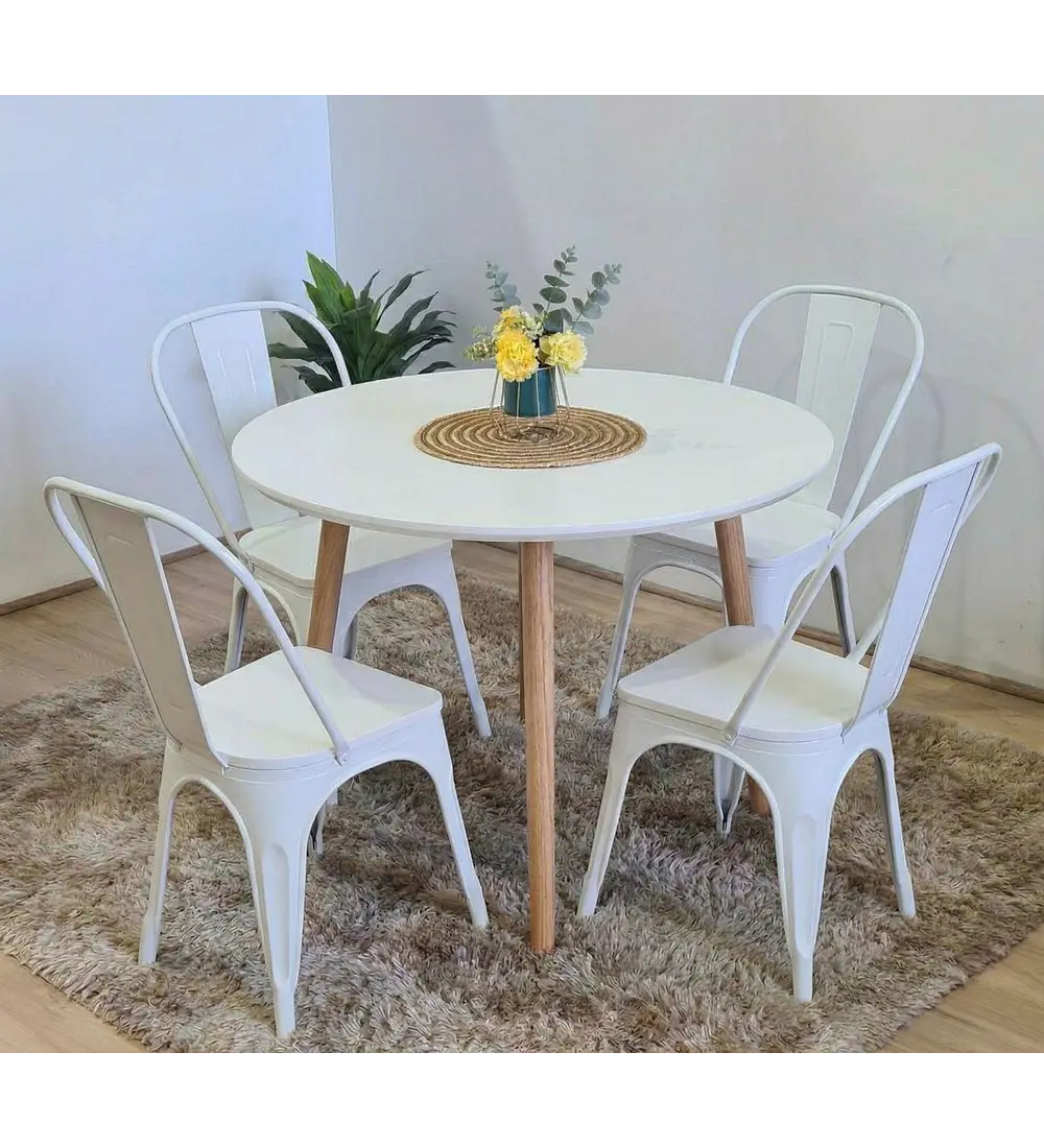 Comedor Mesa Aura Blanca 100 cm + Sillas Tolix con Asiento de Madera