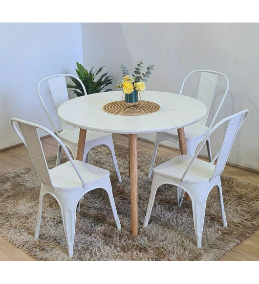 Comedor Mesa Aura Blanca 100 cm + Sillas Tolix con Asiento de Madera