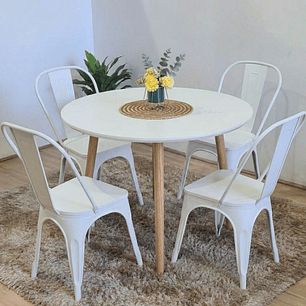 Comedor Mesa Aura Blanca 100 cm + Sillas Tolix con Asiento de Madera