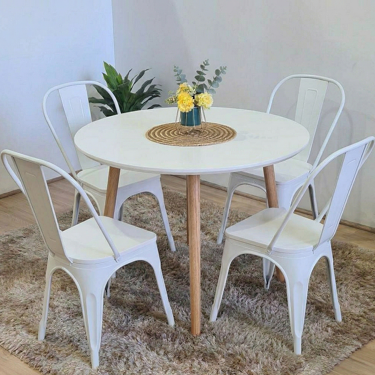 Comedor Mesa Aura Blanca 100 cm + Sillas Tolix con Asiento de Madera 1