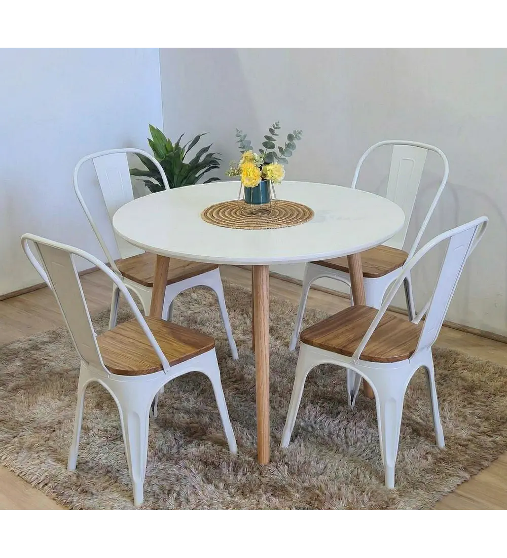 Comedor Mesa Aura Blanca 100 cm + Sillas Tolix con Asiento de Madera
