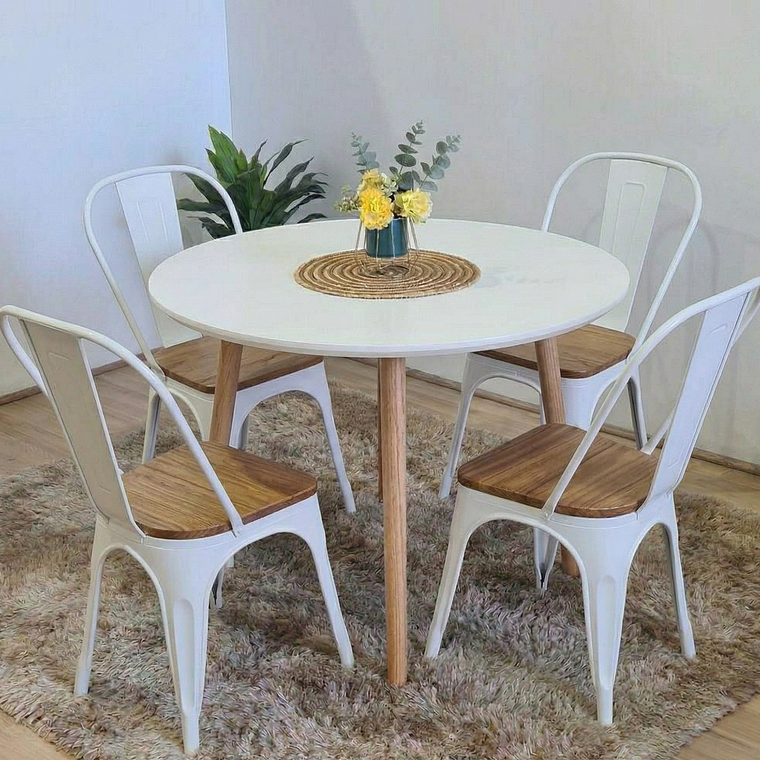 Comedor Mesa Aura Blanca 100 cm + Sillas Tolix con Asiento de Madera 2