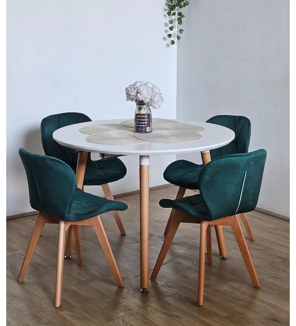 Comedor Mesa Aura Blanca 100cm + 4 Sillas Mariposa Velvet