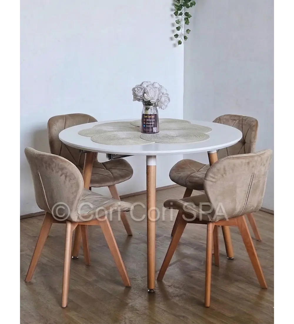Comedor Mesa Aura Blanca 100cm + 4 Sillas Mariposa Velvet