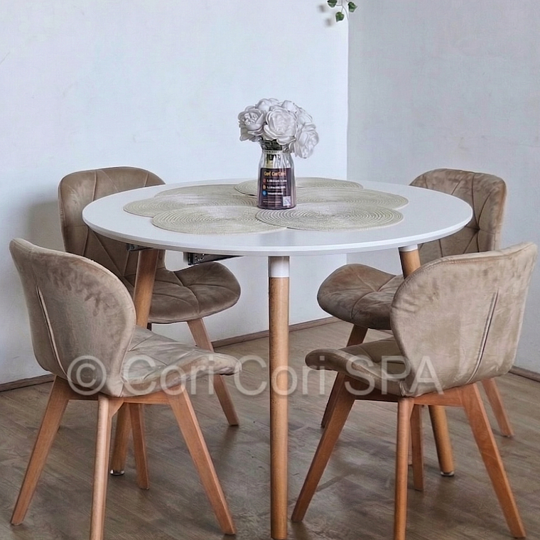 Comedor Mesa Aura Blanca 100cm + 4 Sillas Mariposa Velvet 7