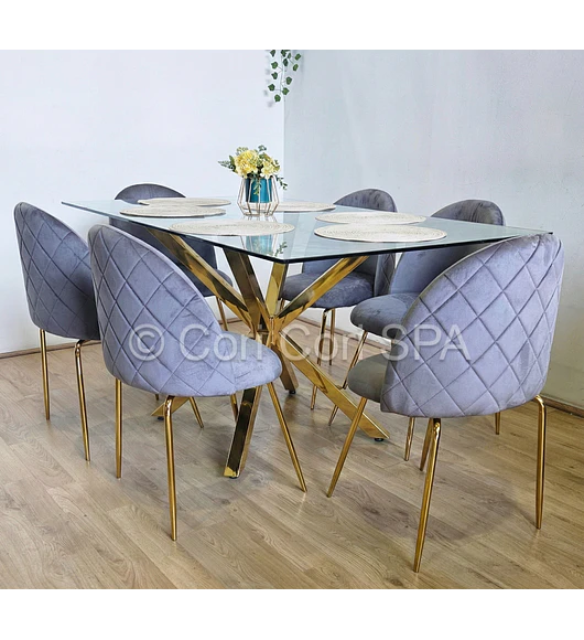 Comedor Madrid Dorada 130x80cms + 6 Sillas Bread Gold Velvet