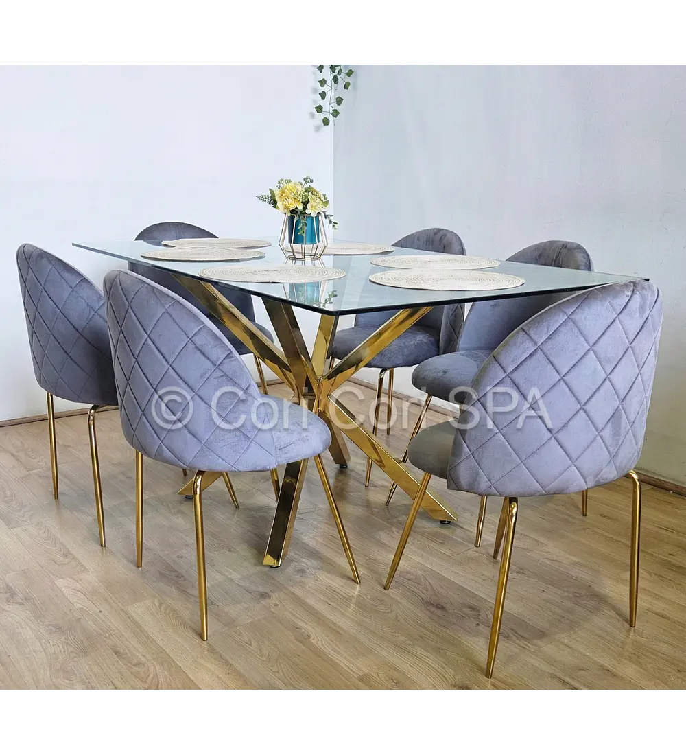 Comedor Madrid Dorada 130x80cms + 6 Sillas Bread Gold Velvet