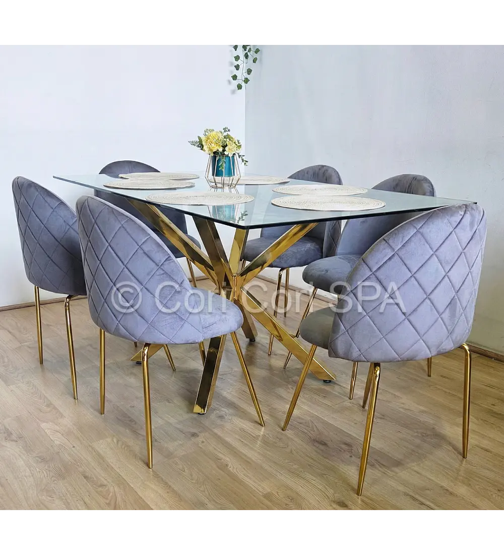 Comedor Madrid Dorada 130x80cms + 6 Sillas Bread Gold Velvet