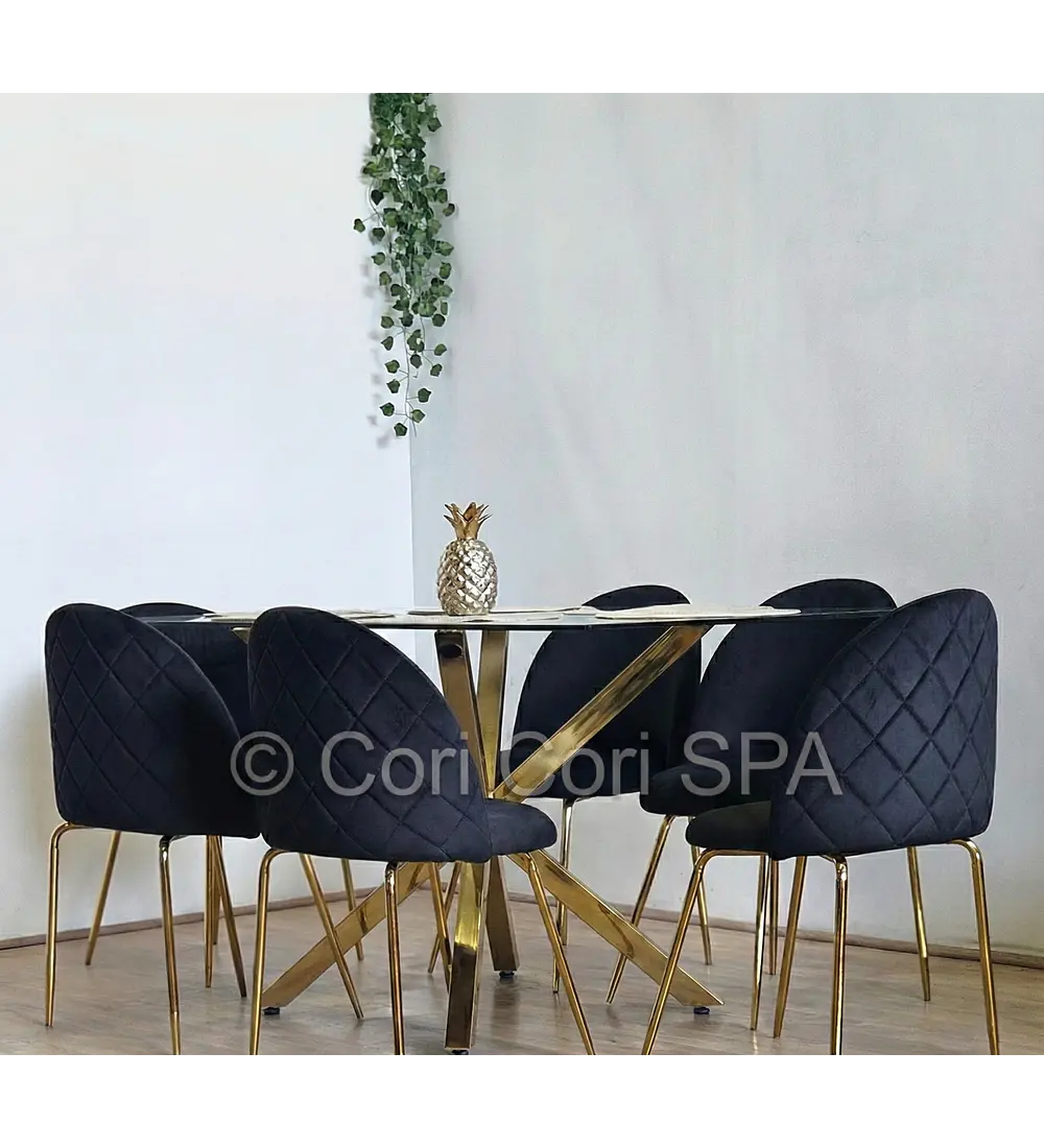 Comedor Madrid Dorada 130x80cms + 6 Sillas Bread Gold Velvet