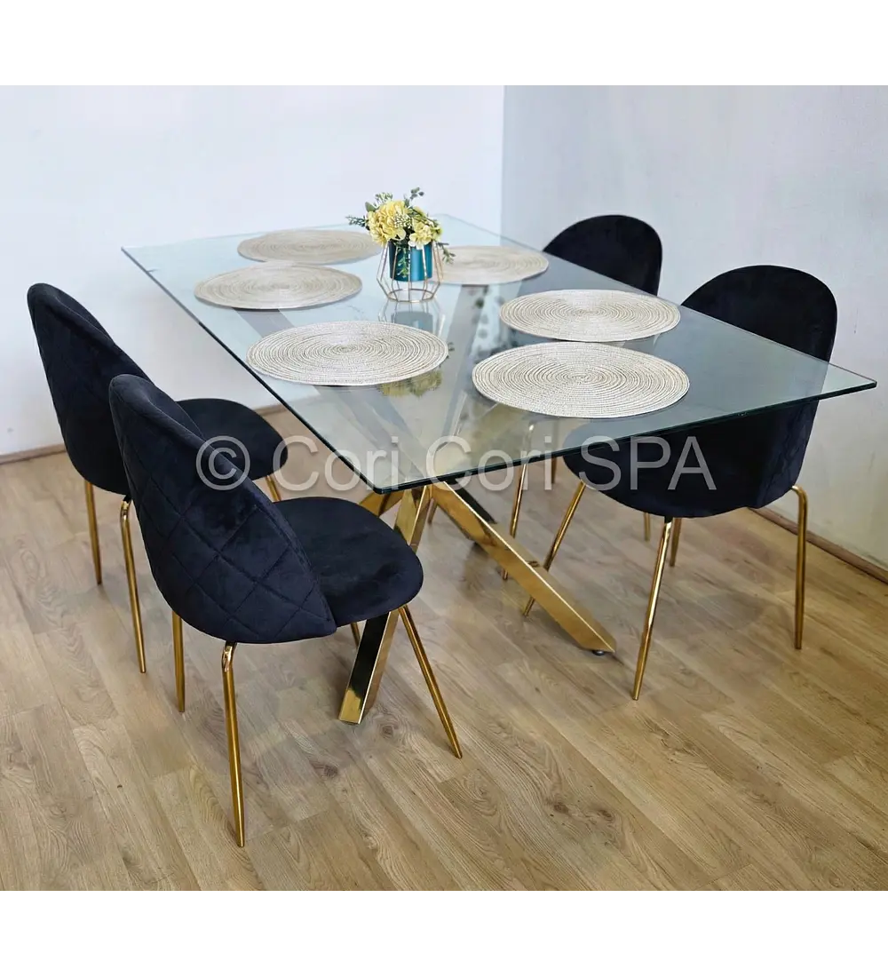 Comedor Madrid Dorada 130x80cms + 4 Sillas Bread Gold Velvet 