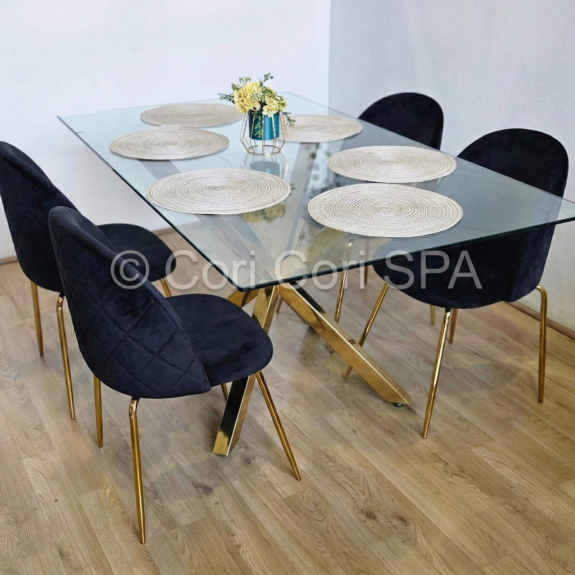 Comedor Madrid Dorada 130x80cms + 4 Sillas Bread Gold Velvet  2