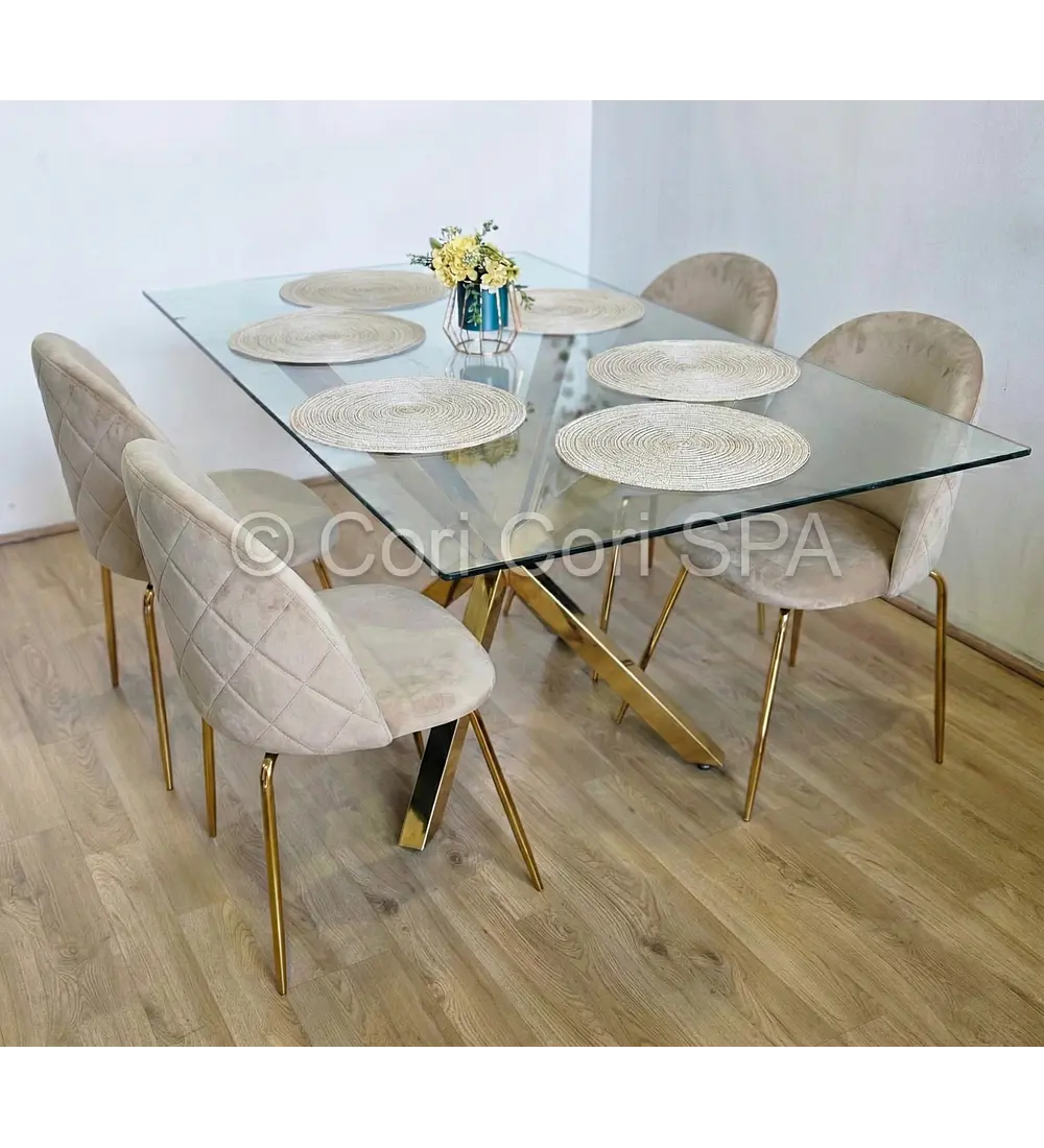 Comedor Madrid Dorada 130x80cms + 4 Sillas Bread Gold Velvet 