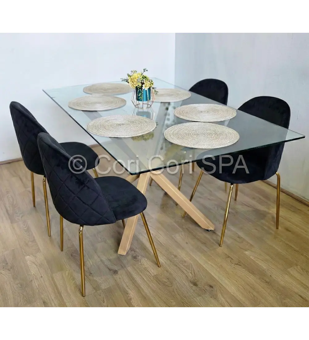 Comedor Madrid Dorada 130x80cms + 4 Sillas Bread Gold Velvet 