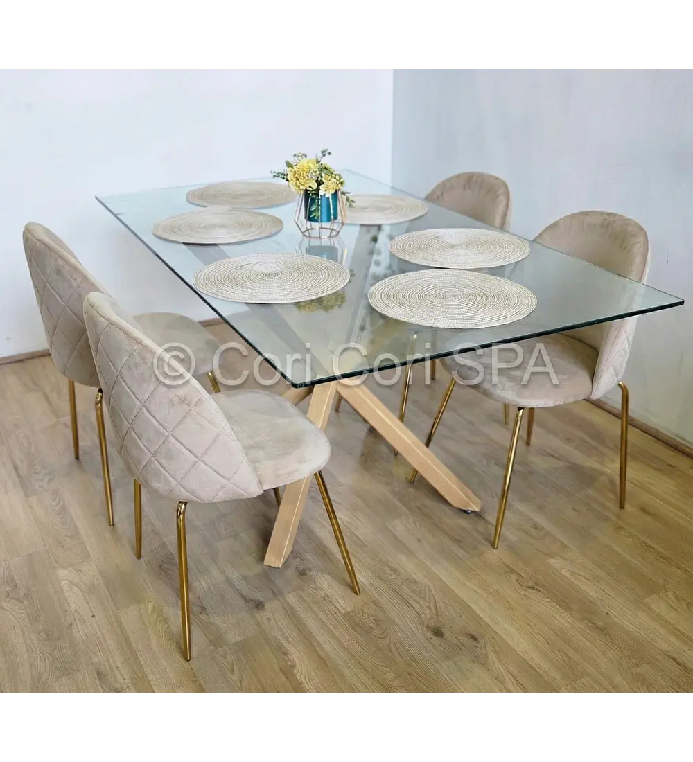 Comedor Madrid Dorada 130x80cms + 4 Sillas Bread Gold Velvet 