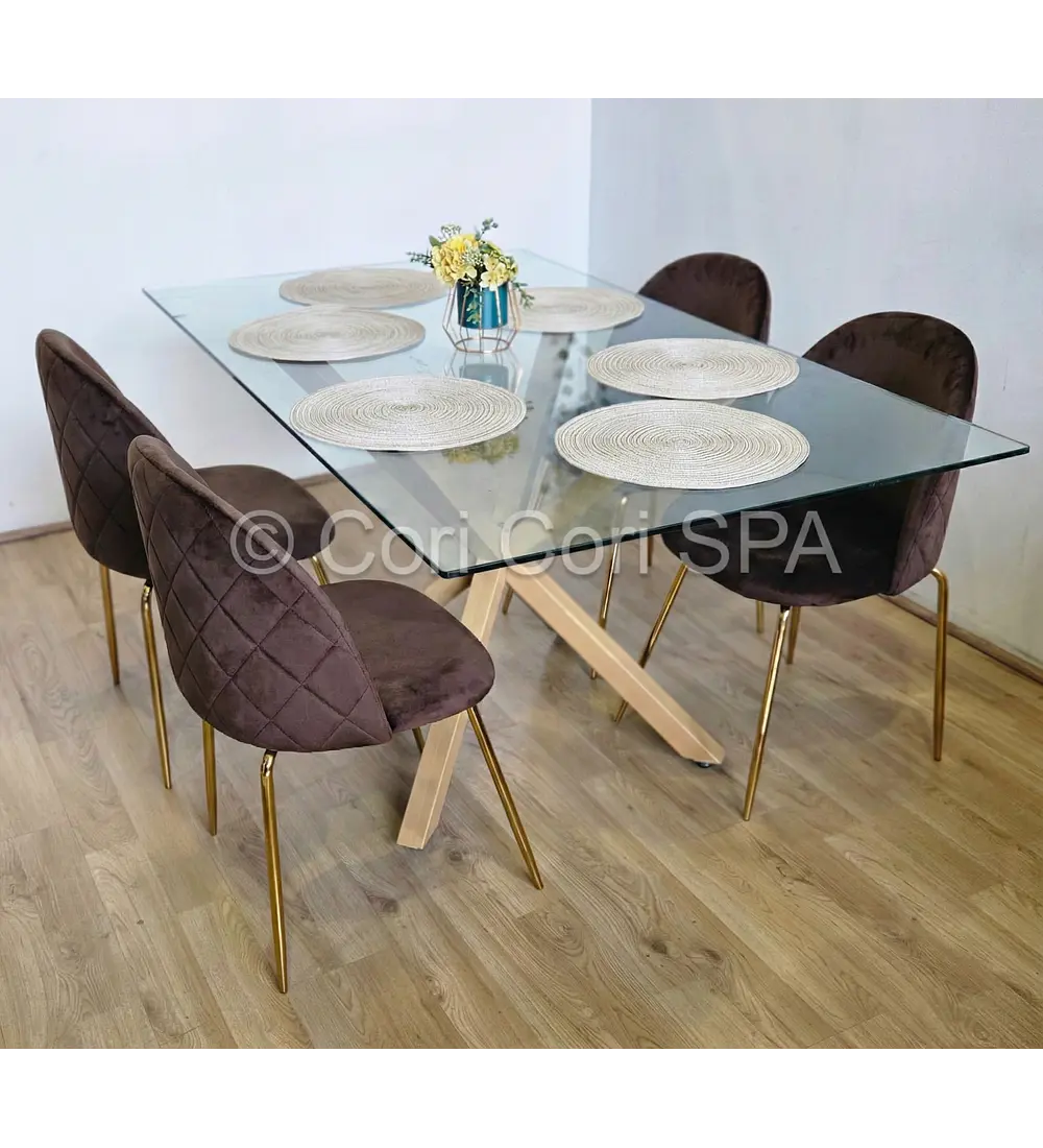 Comedor Madrid Dorada 130x80cms + 4 Sillas Bread Gold Velvet 
