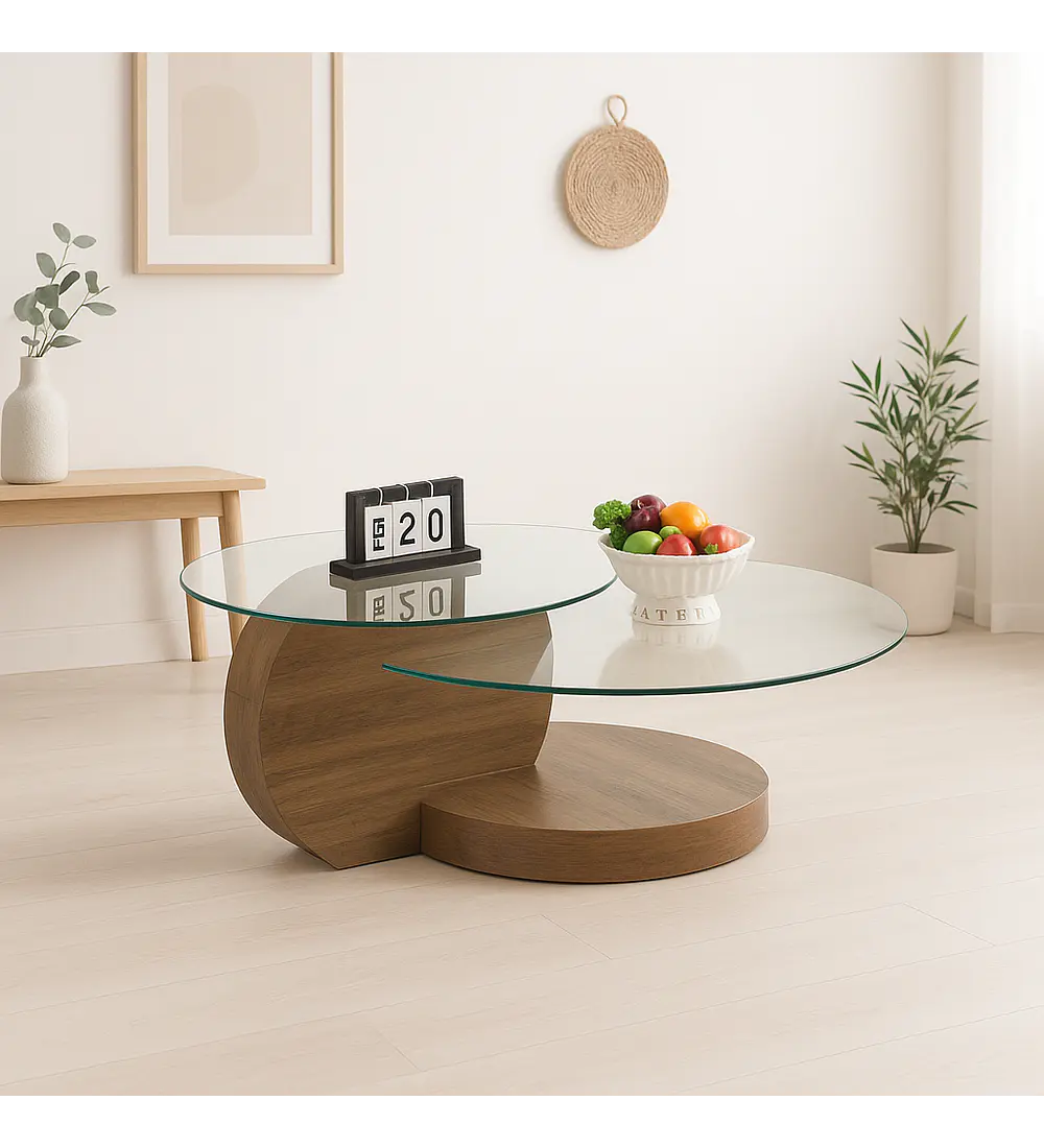 Mesa de Centro DuoGlass con Bases de Madera y Superficie de Vidrio