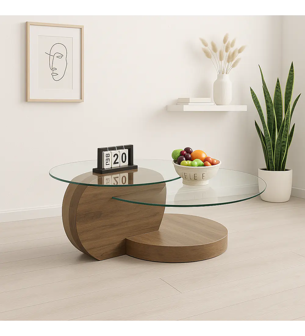 Mesa de Centro DuoGlass con Bases de Madera y Superficie de Vidrio