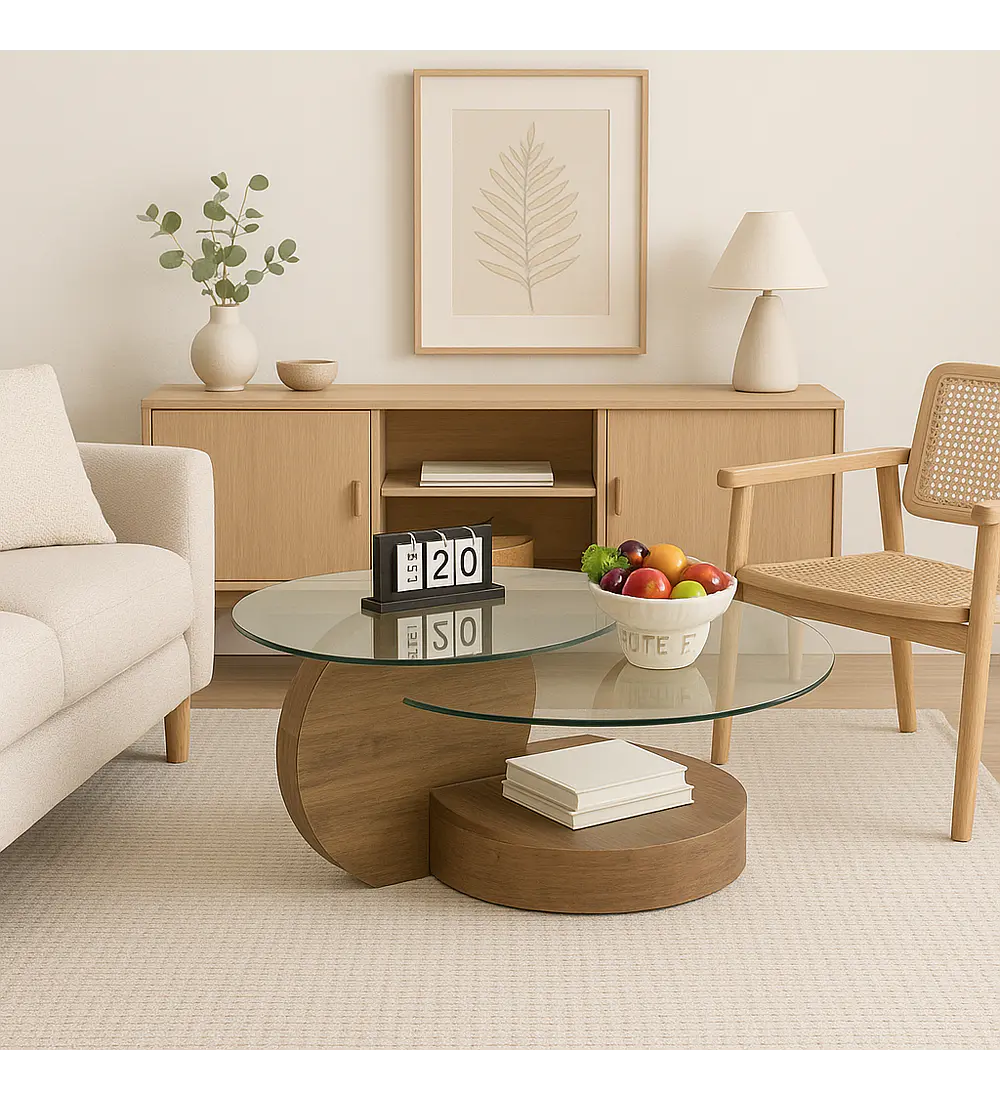 Mesa de Centro DuoGlass con Bases de Madera y Superficie de Vidrio
