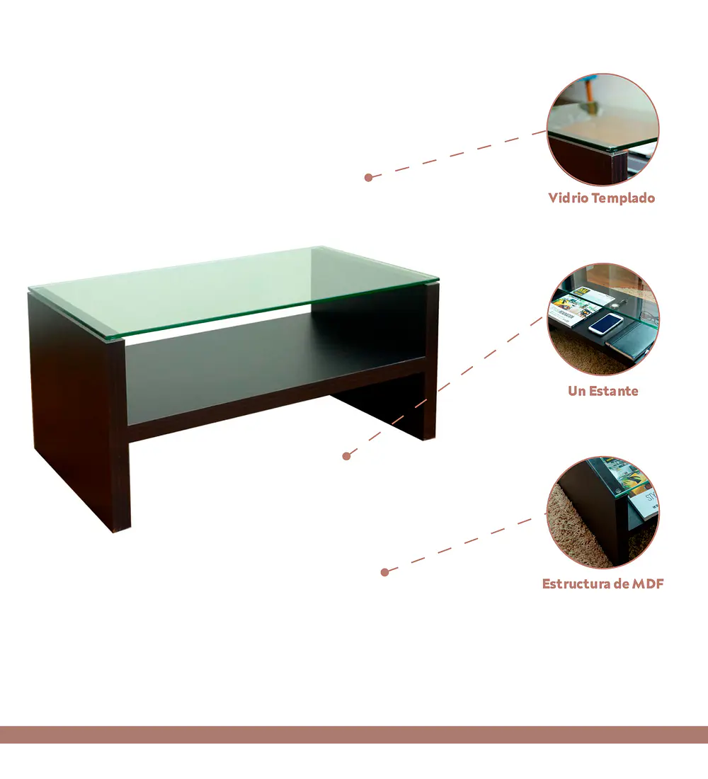 Mesa de Centro Moderna Madera Walnut Wood Vidrio