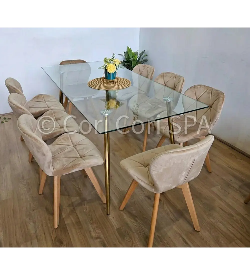 Comedor Rubi Gold 160x80cms  + 8 Sillas Mariposa Velvet 