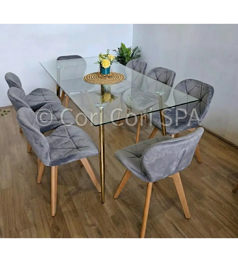 Comedor Rubi Gold 160x80cms  + 8 Sillas Mariposa Velvet 