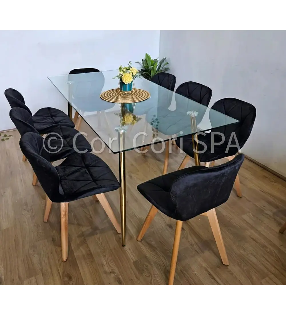 Comedor Rubi Gold 160x80cms  + 8 Sillas Mariposa Velvet 