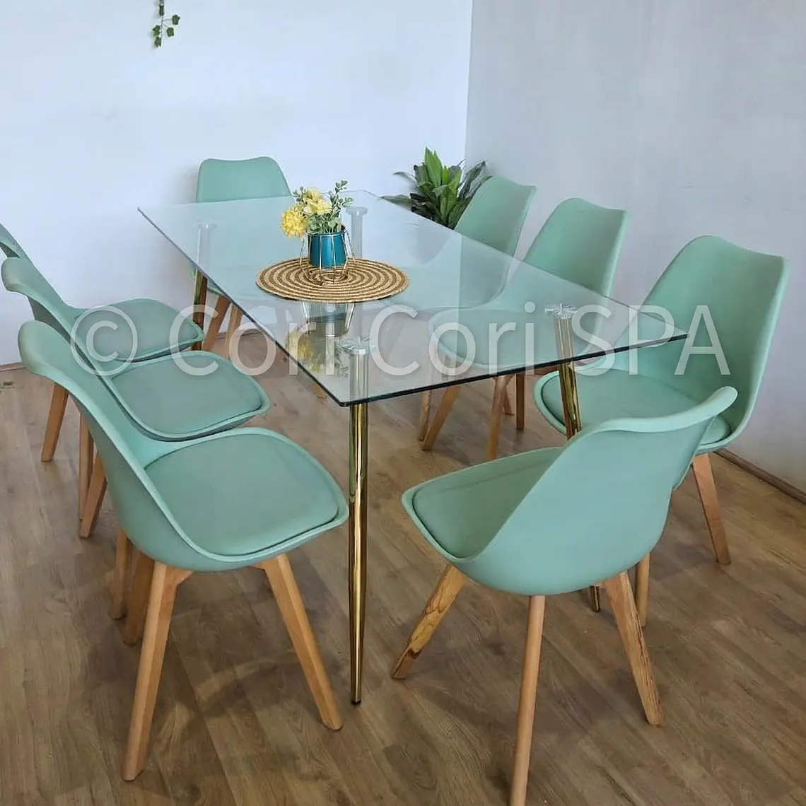 Comedor Rubi Gold 160x80cms  + 8 Sillas Tulip 34