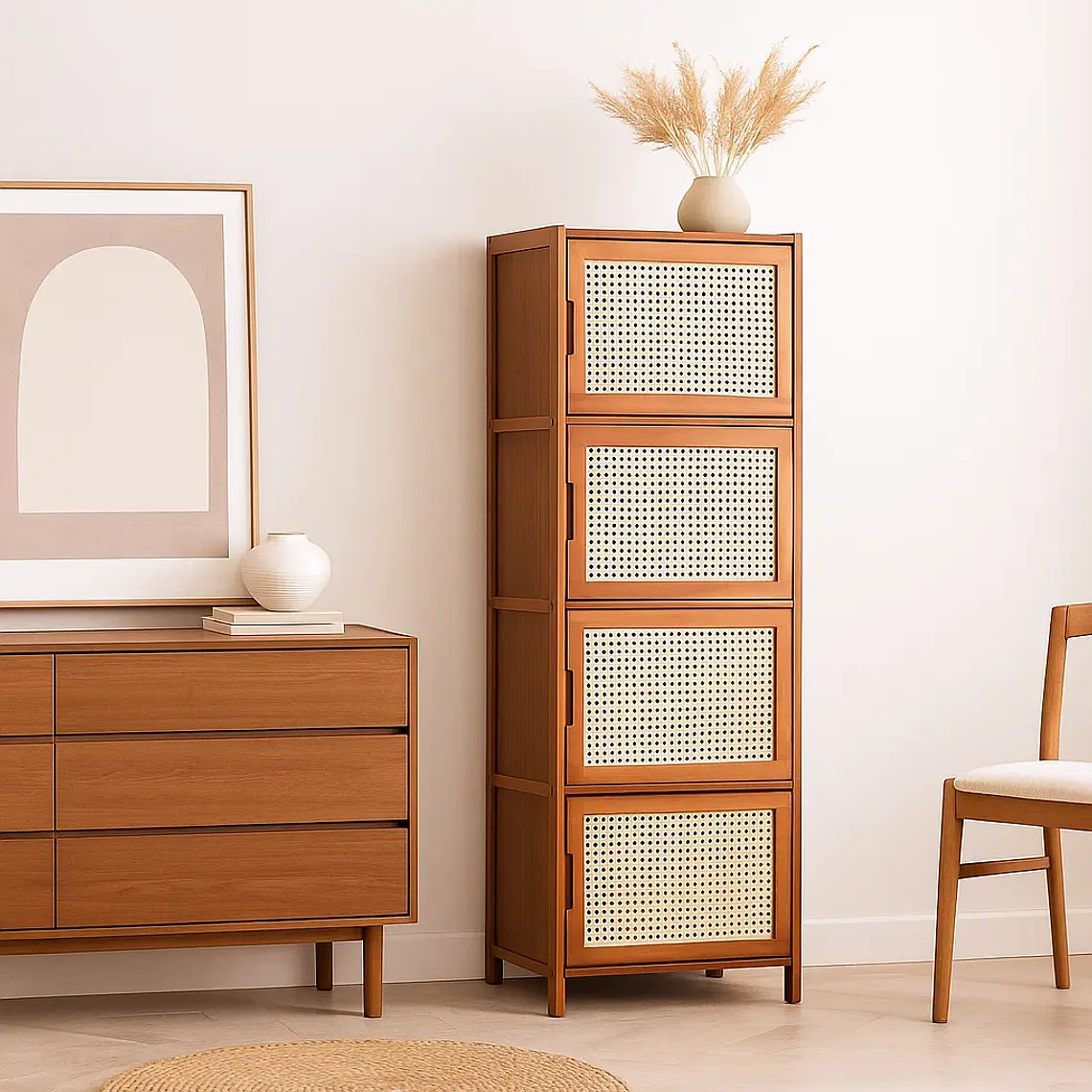 Vitrina EcoLuxe de Bambú y Ratán Sintético 4 Niveles 1