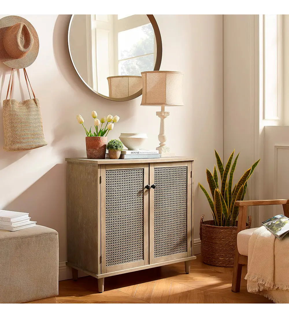 Cómoda 2 Puertas con Rattan - Madera Clara
