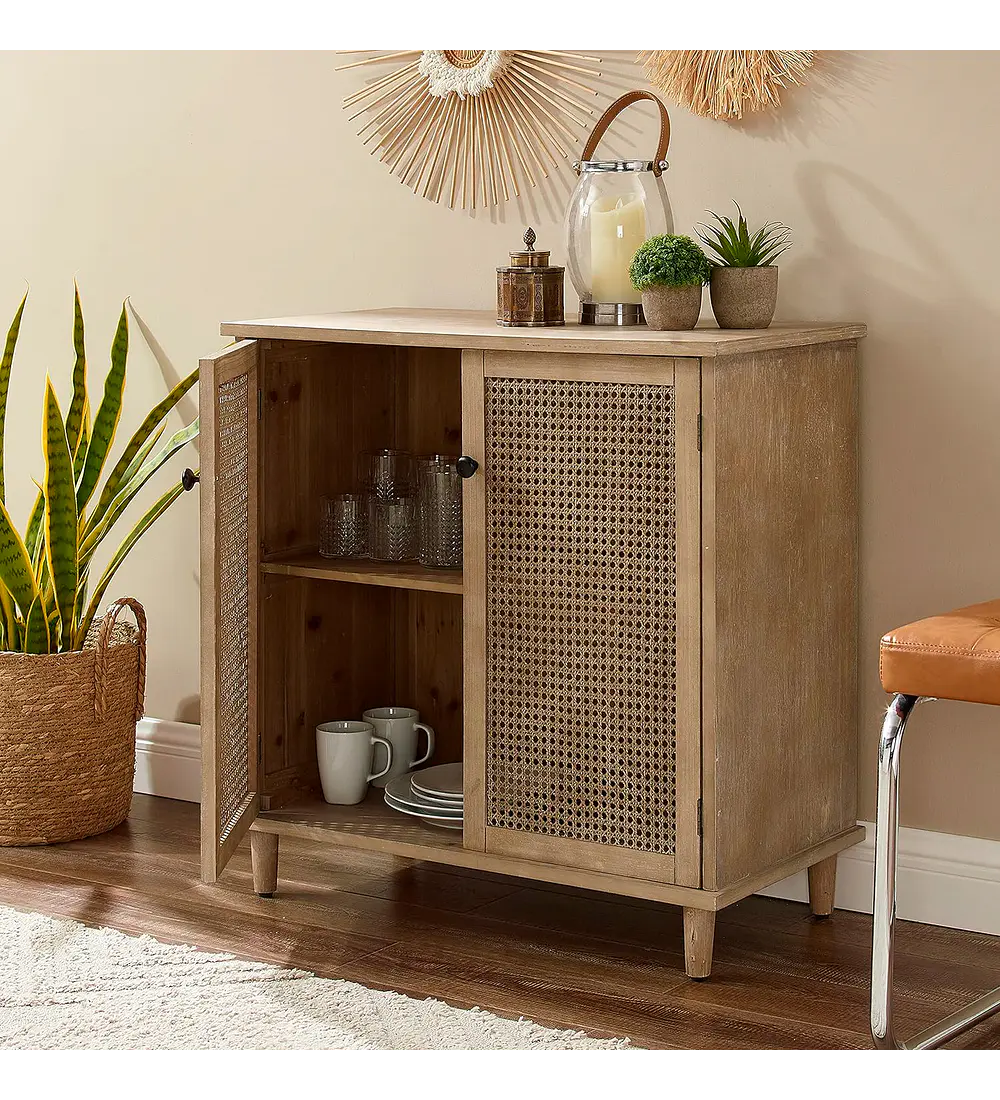 Cómoda 2 Puertas con Rattan - Madera Clara