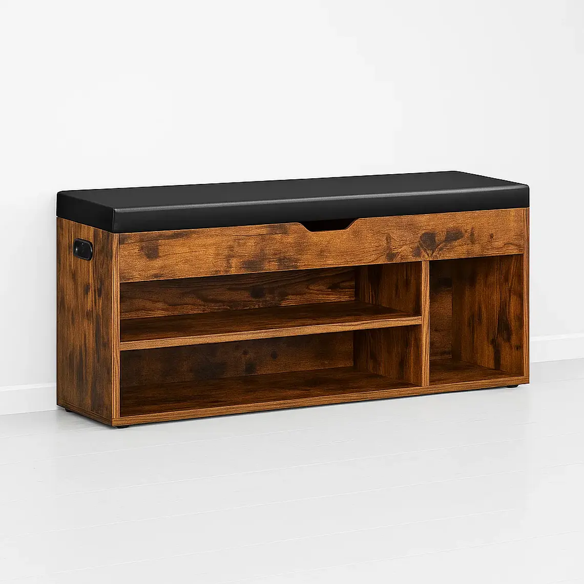 Banco Zapatero de Madera Rústica con Asiento Acolchado y Baúl de Almacenaje 2