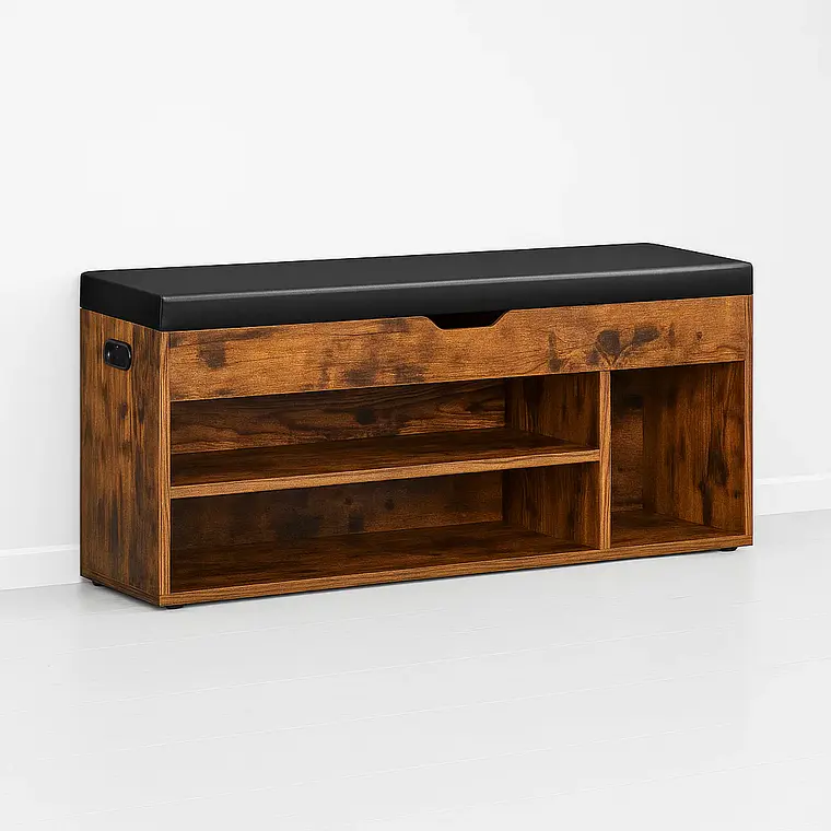 Banco Zapatero de Madera Rústica con Asiento Acolchado y Baúl de Almacenaje 2