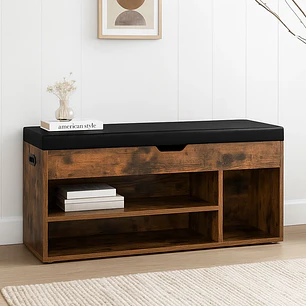 Banco Zapatero de Madera Rústica con Asiento Acolchado y Baúl de Almacenaje