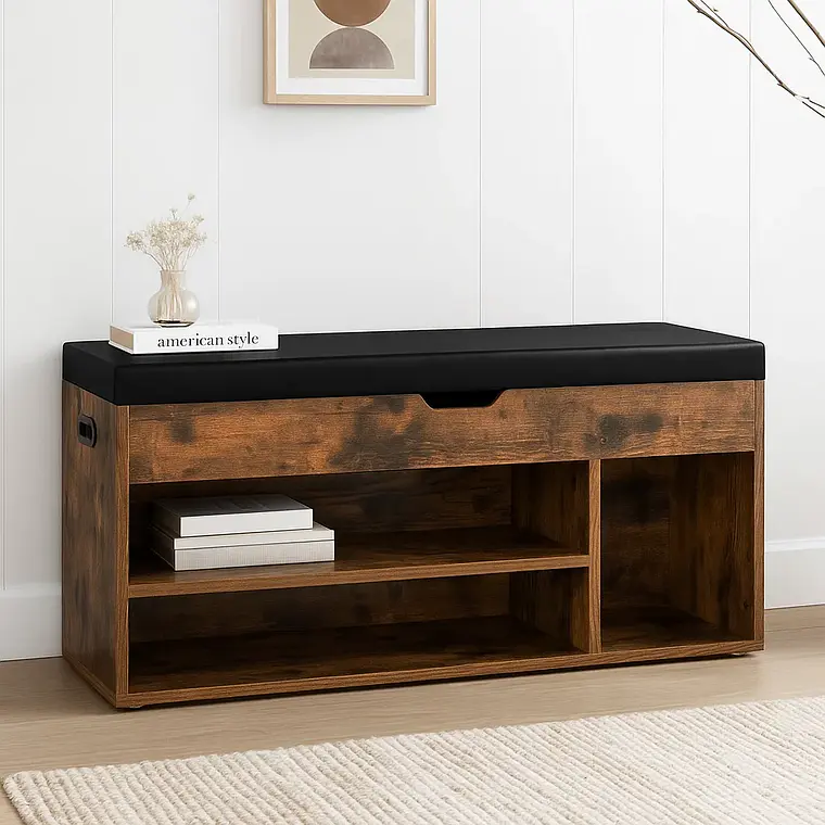 Banco Zapatero de Madera Rústica con Asiento Acolchado y Baúl de Almacenaje 1