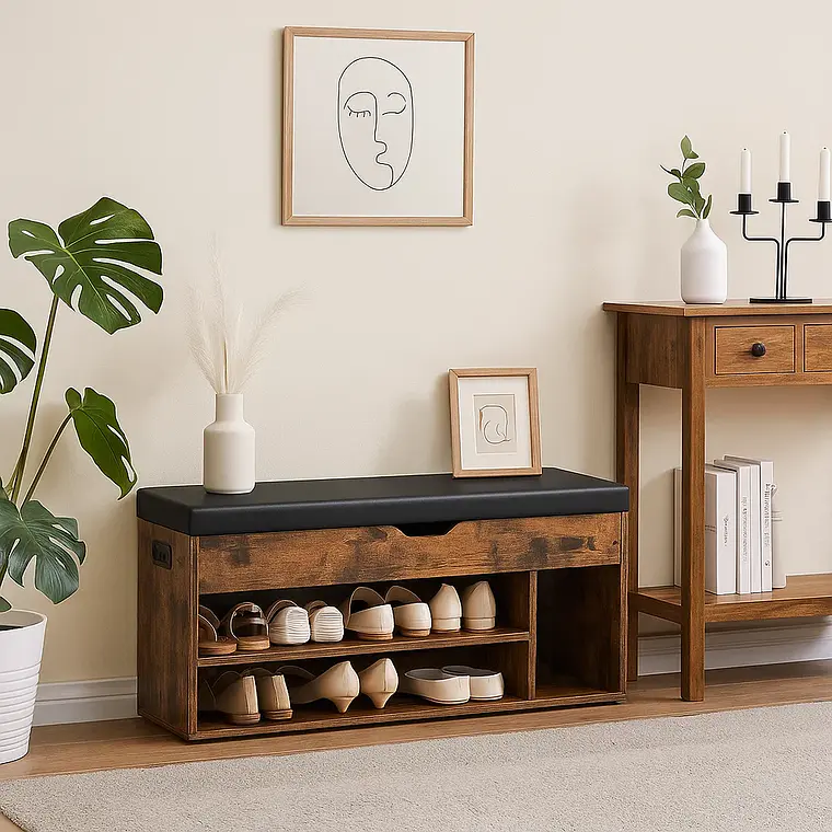 Banco Zapatero de Madera Rústica con Asiento Acolchado y Baúl de Almacenaje 3