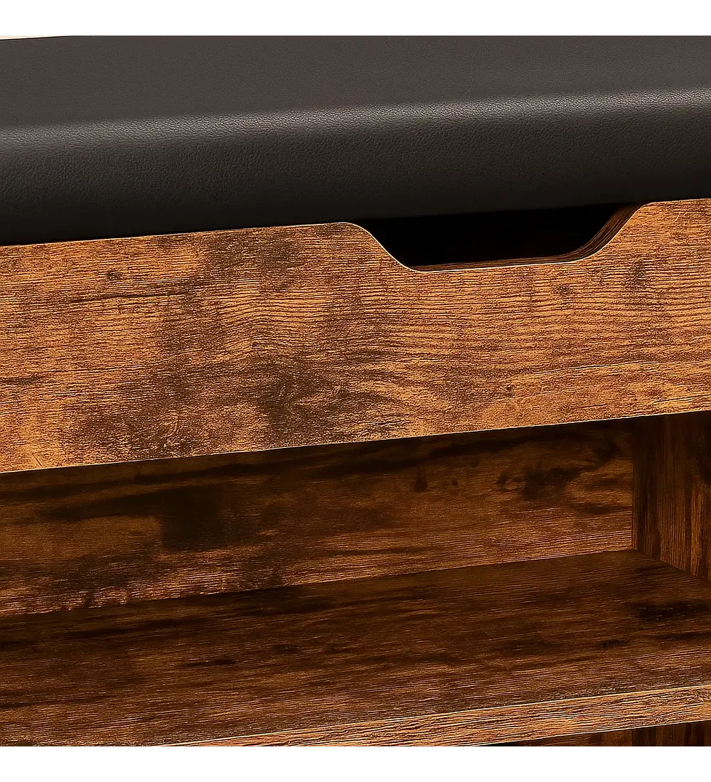 Banco Zapatero de Madera Rústica con Asiento Acolchado y Baúl de Almacenaje
