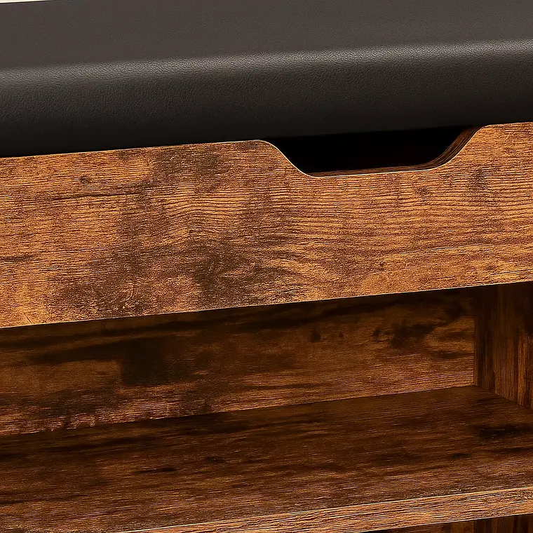 Banco Zapatero de Madera Rústica con Asiento Acolchado y Baúl de Almacenaje 4