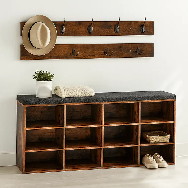 Banco Organizador con Zapatero y Percheros Rústicos 1