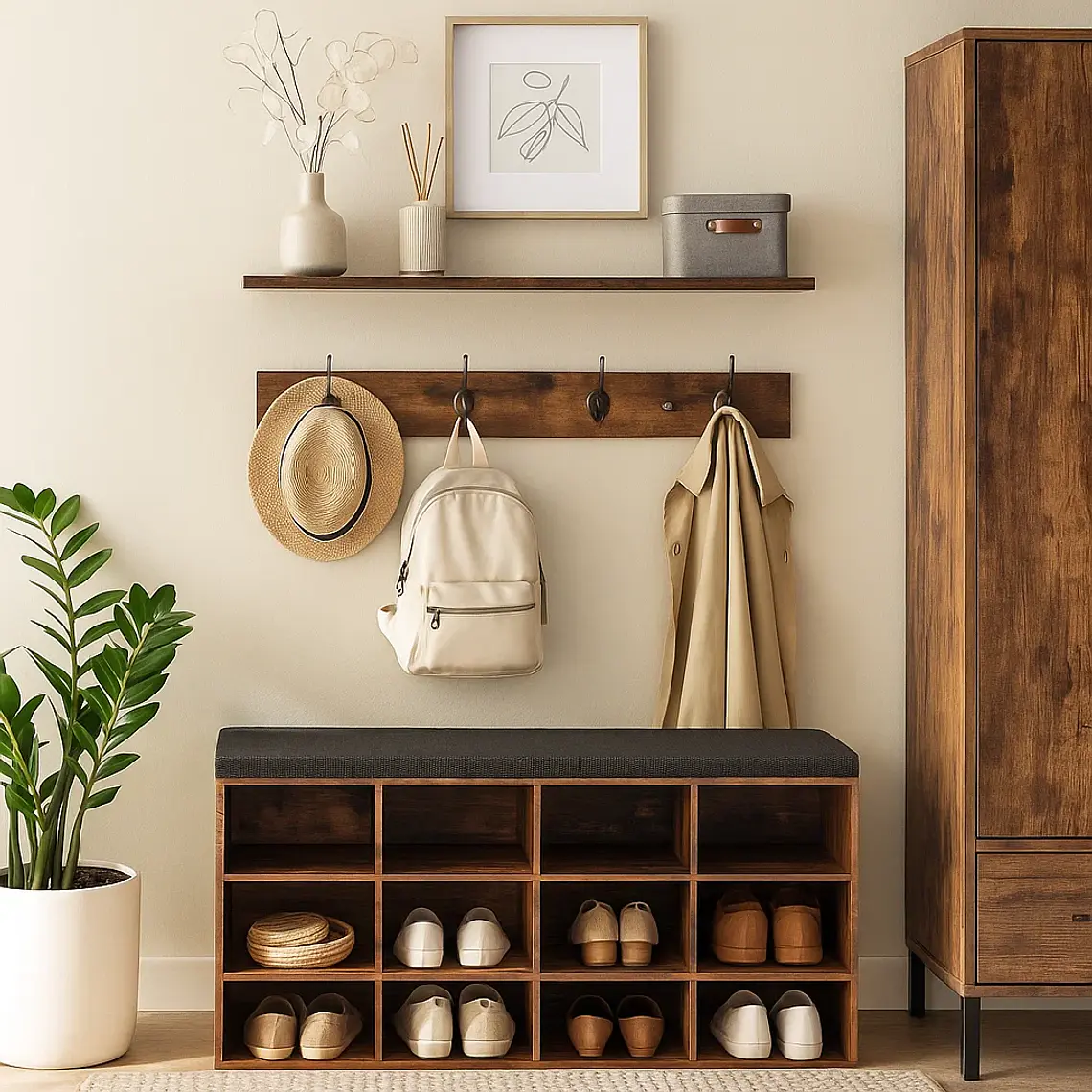 Banco Organizador con Zapatero y Percheros Rústicos 2